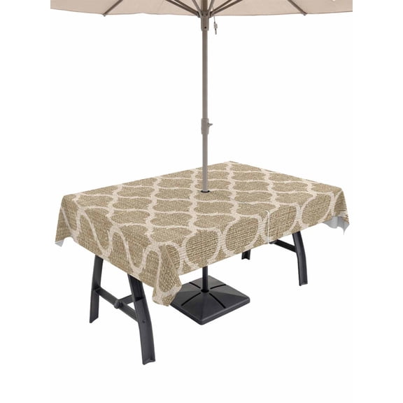 Outdoor Tablecloth with Umbrella Hole for Patio/Picnic/Party/Camping, Khaki Moroccan Waterproof Table Cloth Rectangle Table Cover Washable, Boho Retro Country Abstract Geometric Grid (52"x 70")