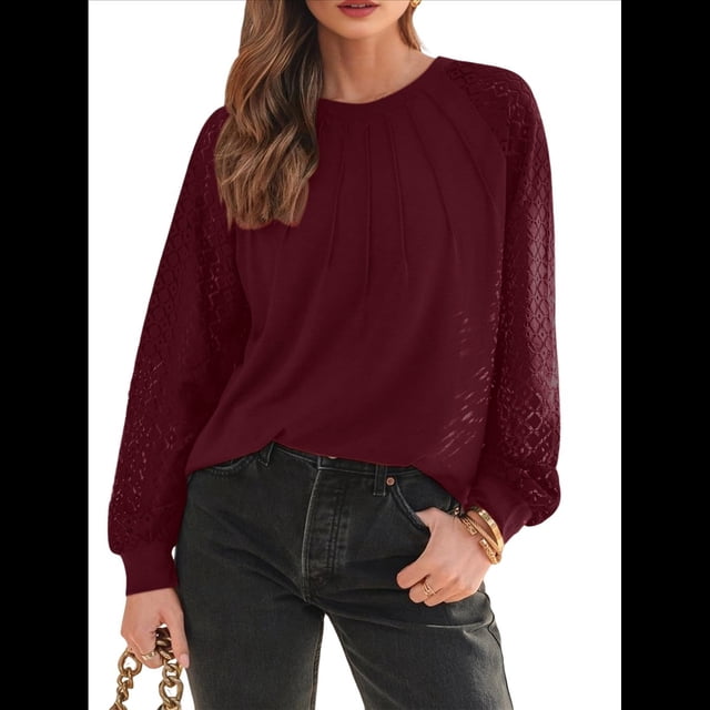 Camisas de Larga para Mujer, Blusas de Encaje, Ropa Informal de Negocios, Moda de Otoño, Blusas Tejidas Y2k Vino Tinto L