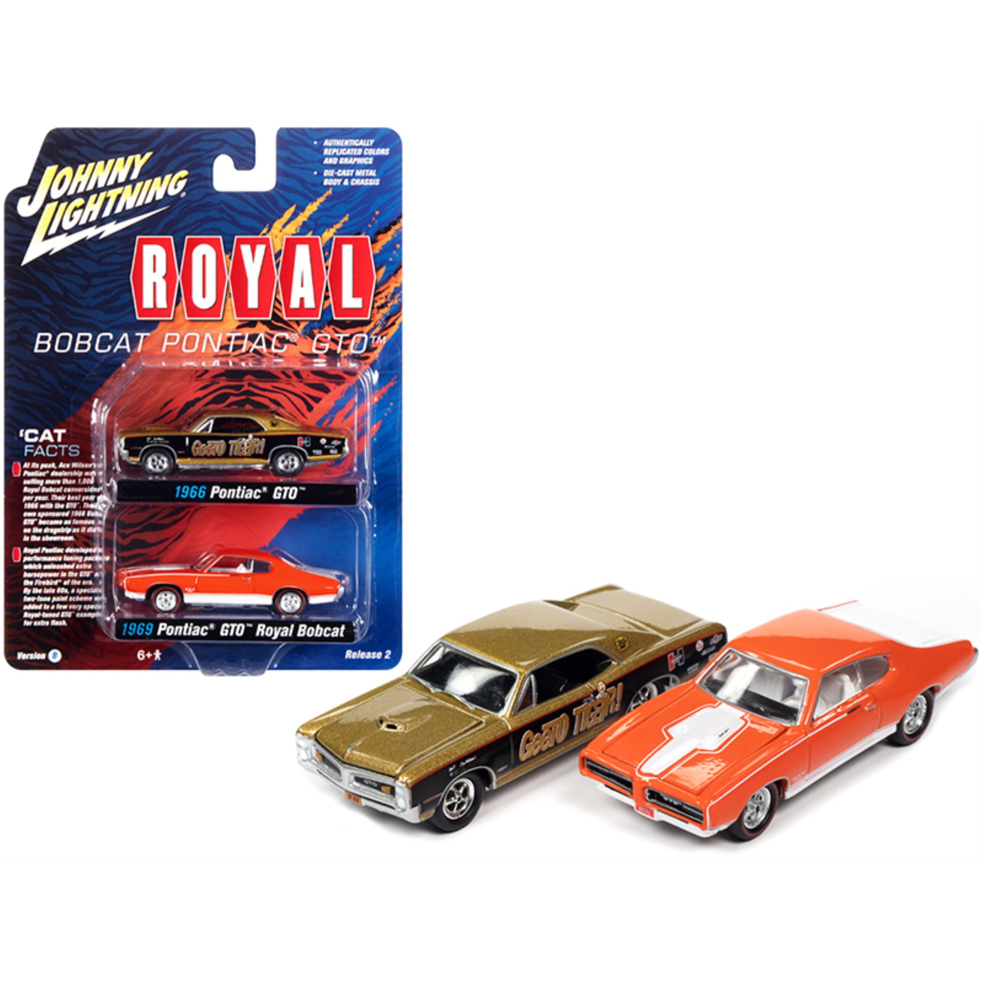 Johnny Lightning JLPK013-JLSP161B 2.75-3 in. Gee TO Tiger Gold & 1969  Pontiac GTO Royal Bobcat Orange Pontiac Royal 1 by 64 Diecast Model Cars  for 