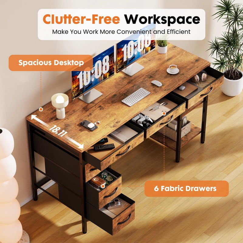 Gianna 47" Computer Desk with 6 Drawers, Home Office Gaming Desks with Storage Shelves for Bedroom, Writing Study Corner Living Room Work Table Rustic Brown