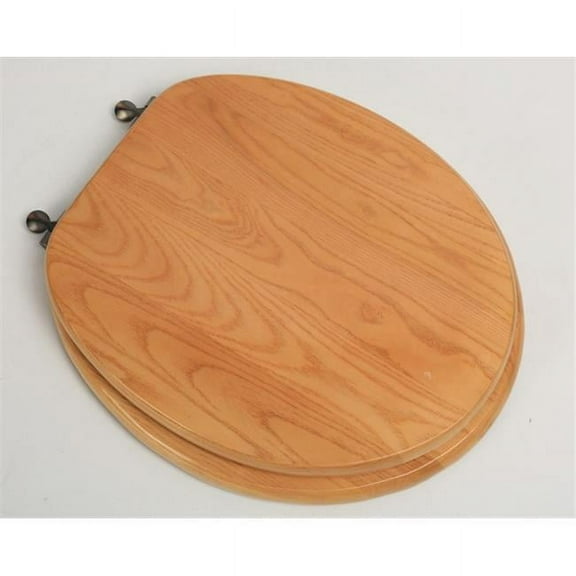 Designer Solid Round Oak Wood Toilet Seat with Oil Rubbed Bronze Hinges, Natural Red Oak