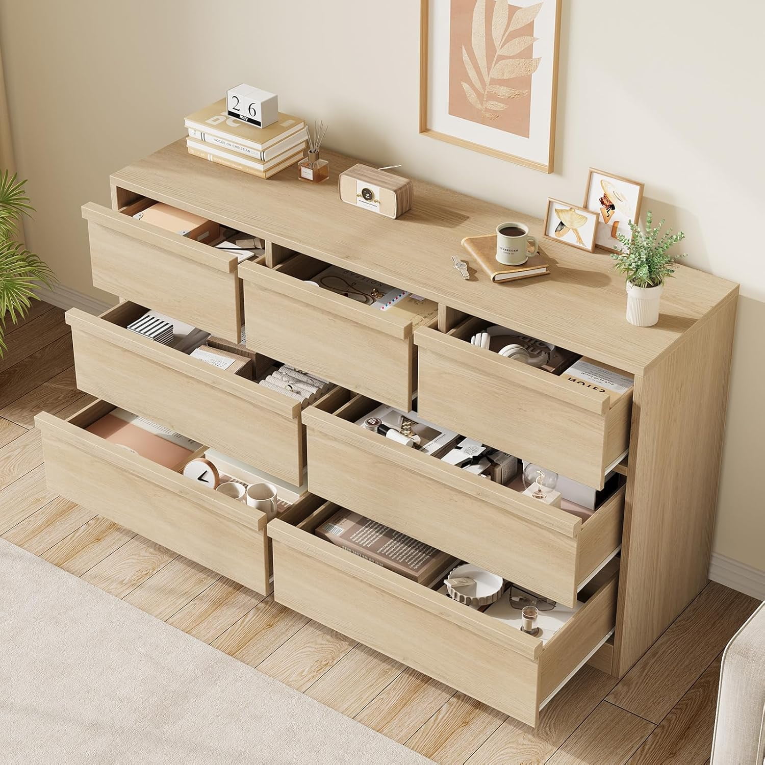 7 Drawer Dresser for Bedroom, 54in Wide Natural Oak 8 Chest of Drawers with Large Storage, Wooden Dresser Organizer for Living Room, Entryway, Nursery