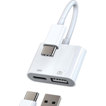 USB C Splitter OTG Adapter for Iphone 17 16 15 Pro Max Digital Camera Cable Type C for (2in1)Charging Connector Charger 3.0 Thunderbolt Power Tipo C to USB-A Dual Converter for Ipad Android Data