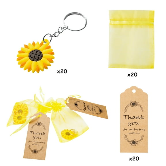 MALLMALL6  20 Sets Sunflower Party Favors Include Keychains Organza Bags Thank You Kraft Tags