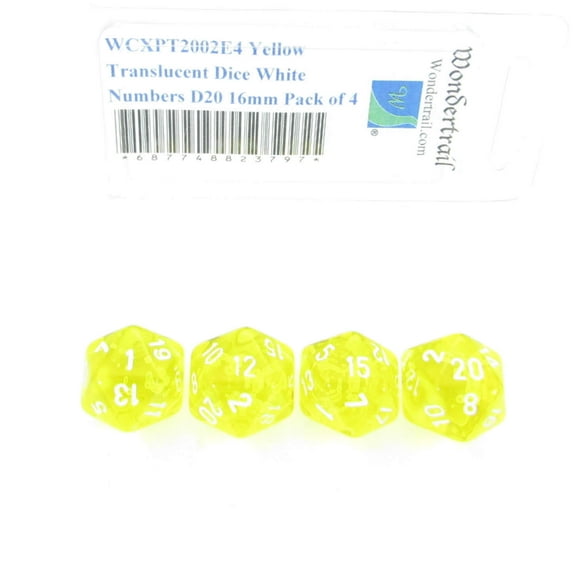 Yellow Translucent Dice with White Numbers D20 Aprox 16mm (5/8in) Pack of 4 Wondertrail