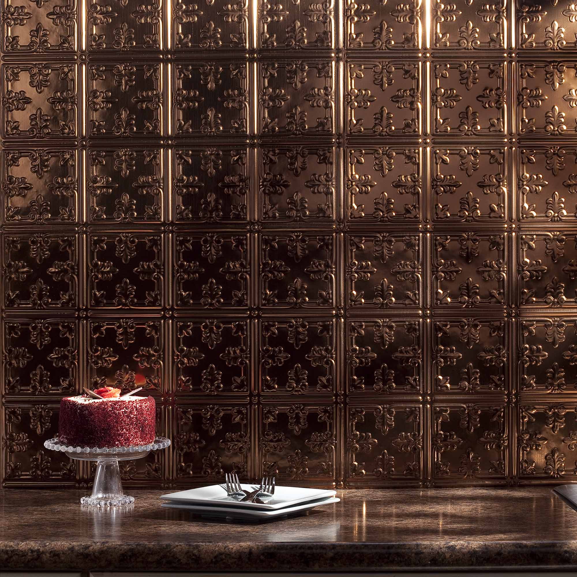 FASÄDE Traditional Style/Pattern 10 Decorative Vinyl 18in x 24in Backsplash Panel in Copper Fantasy (5 Pack)