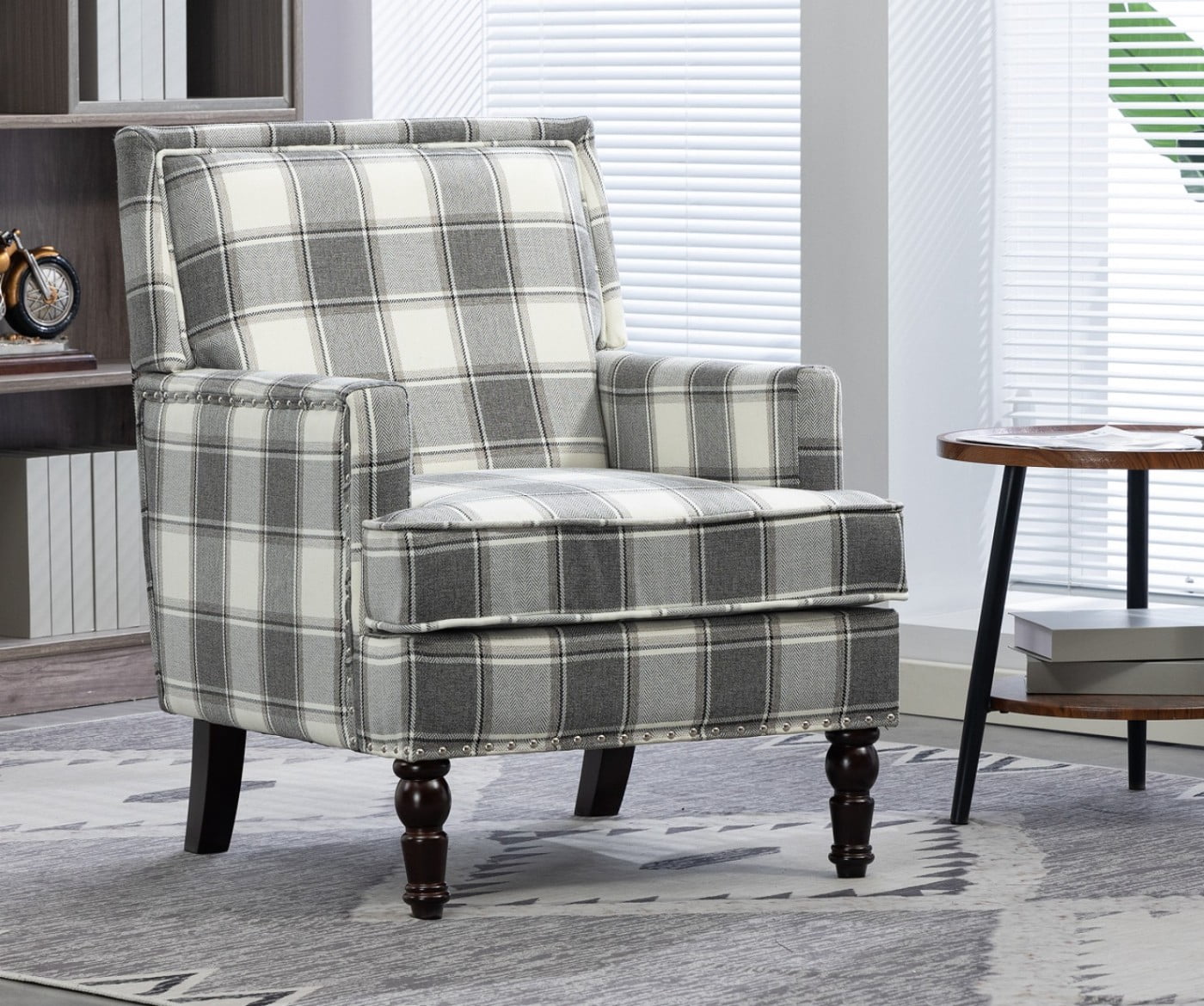 Upholstered Accent Chair with Nailhead Trim, Vintage Striped Linen Armchair, High-Density Foam Reading Chair with Solid Wood Legs for Living Room, Bedroom, Home Office, Antique Grey