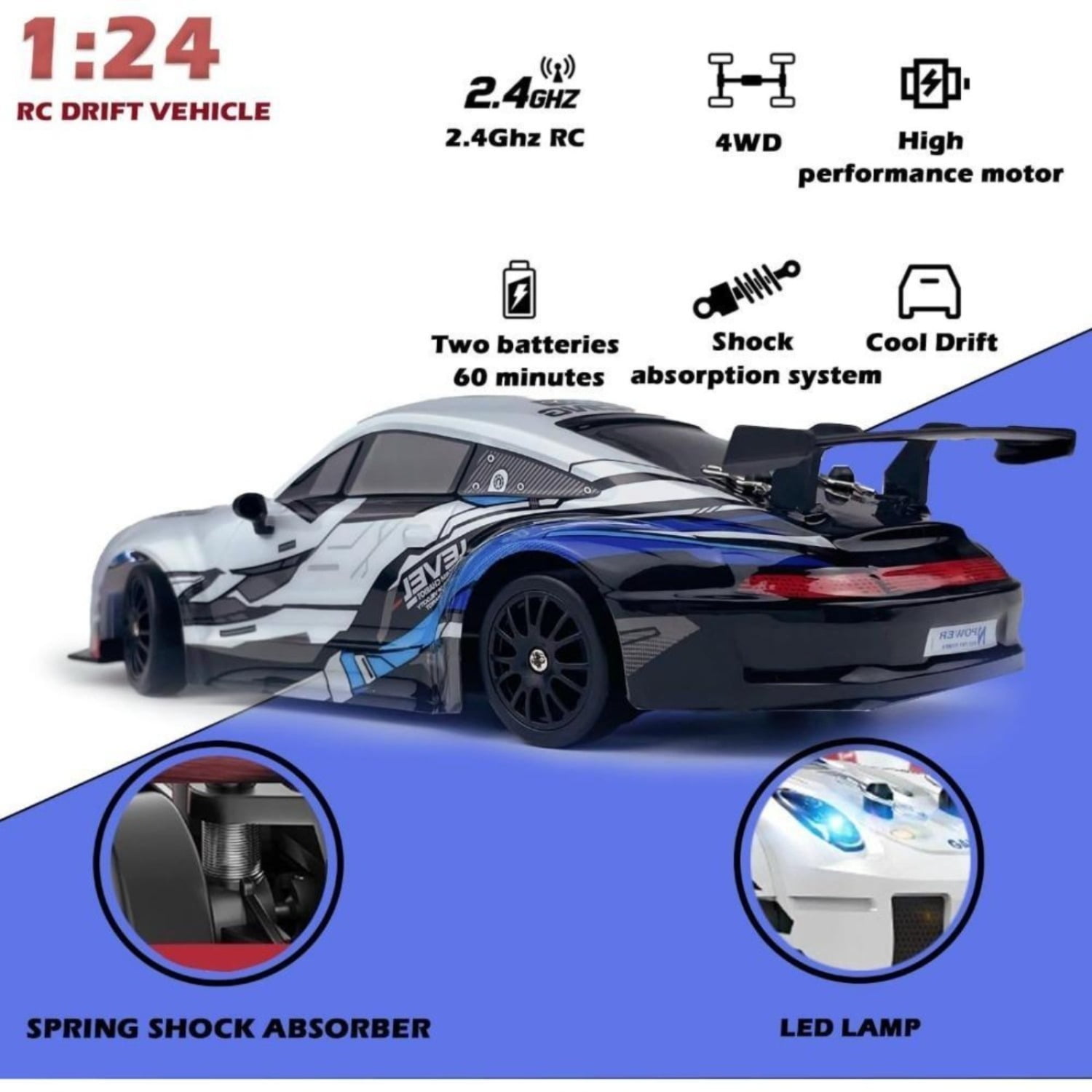 TXT-MATRIX RC Drift Car  1:22 Scale 4WD High Speed 2.4GHz LED Lights with 2 Batteries