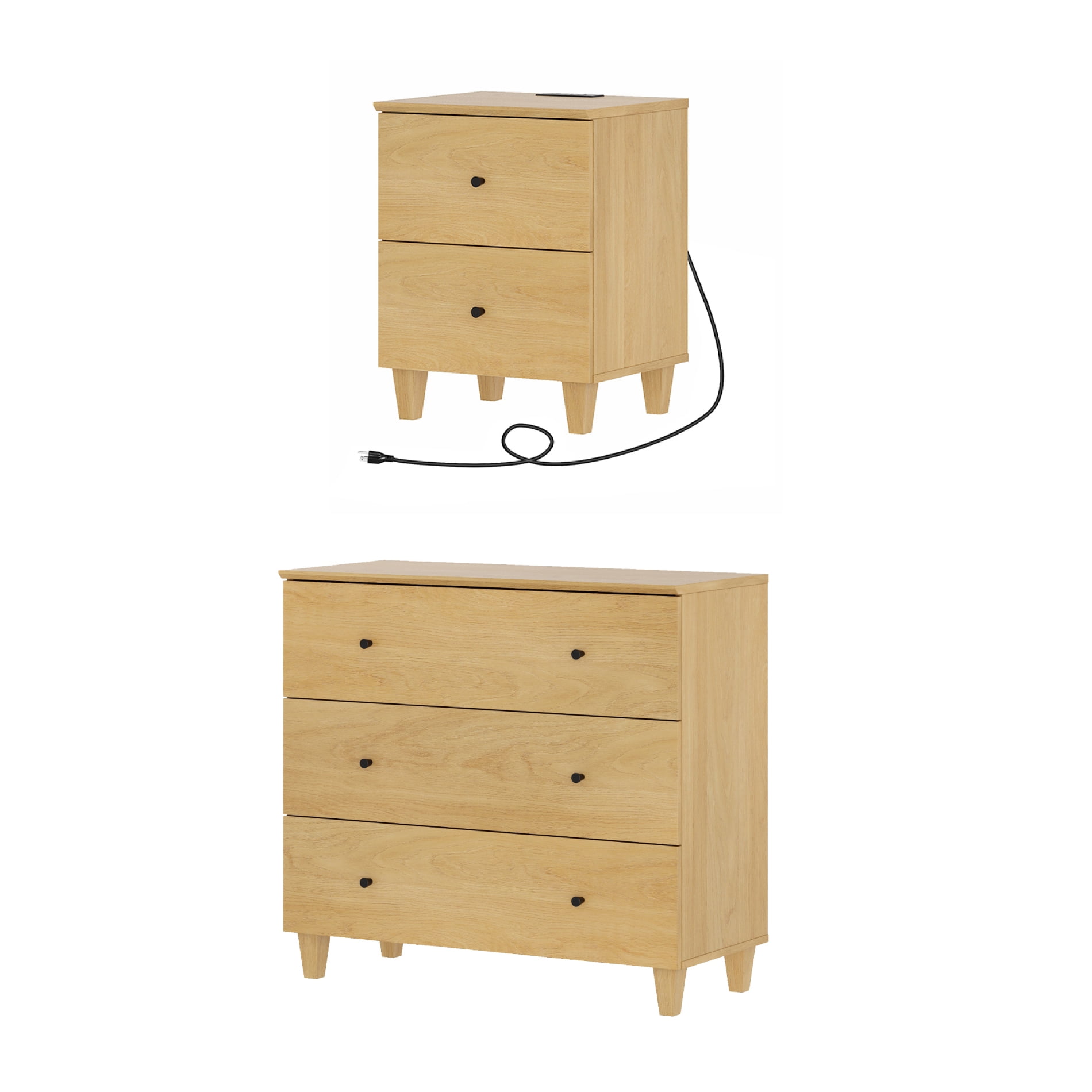 WAMPAT Dresser and Nightstand Set of 2, Wood Dresser with 3 Drawers, Nightstand with Charging Stations for Bedroom, Oak Wood