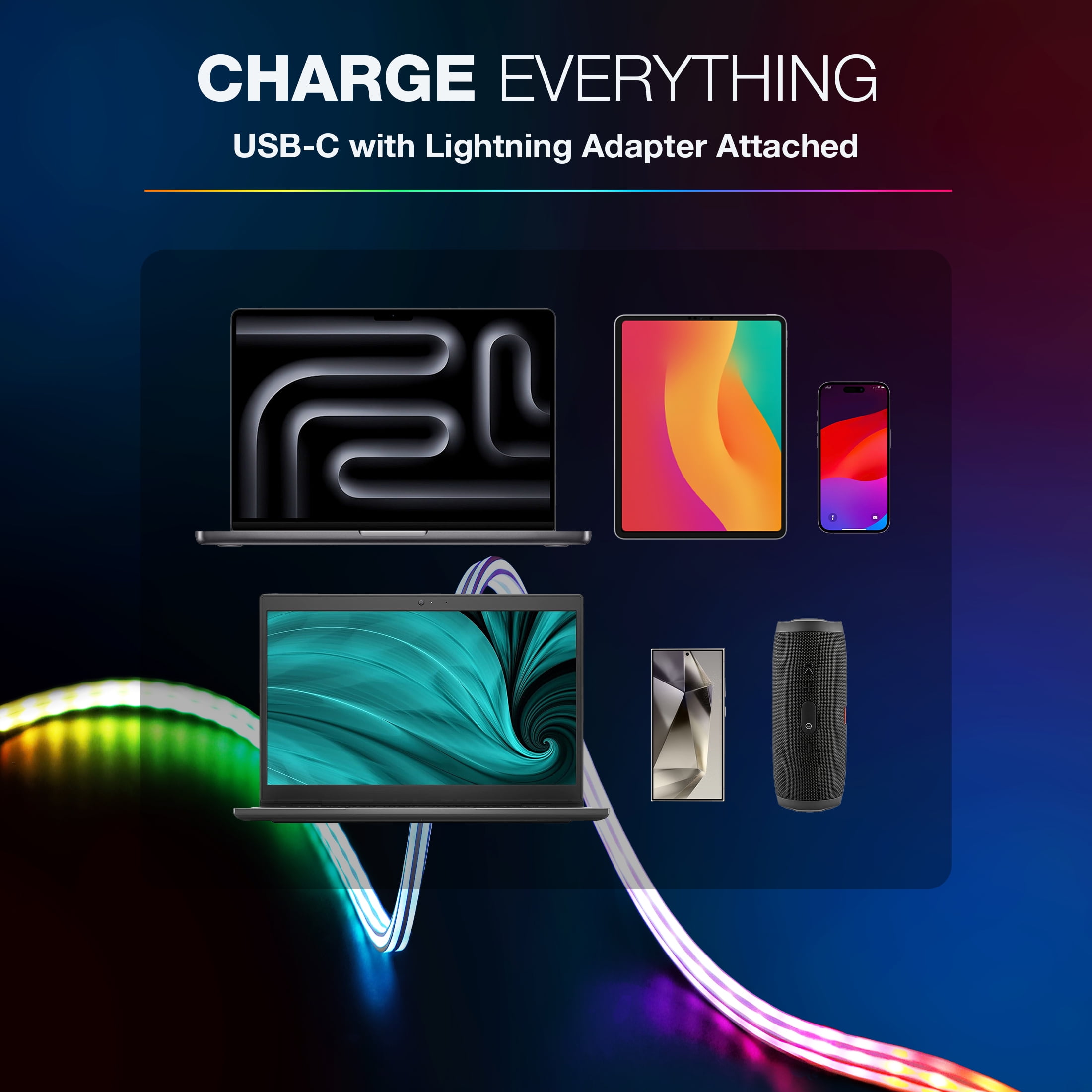 TYPE S Charge & Glow LED Charging Cable, USB-C to USB-C with Lightning Adapter, 3 FT, 10+ Light Modes with Touch Button Control, AC535225