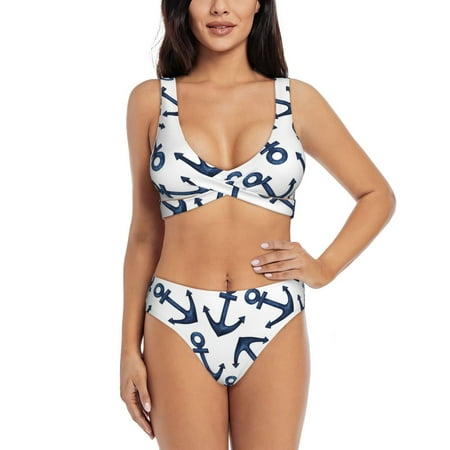 Zeuib Navy Blue Anchors High Waisted Tummy Control Bikini Set - Knot Front Push Up Top & Cheeky Thong Bottom  Two-Piece Swimsuit for Women-XX-Large