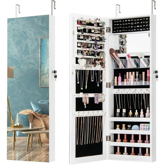 RONG-3 Jewelry Cabinet Wall or Door Mounted, Hanging Lockable Jewelry Armoire Storage with Full Length Mirror, Interior Makeup Mirror, Over the Door Jewelry Organizer Box with Mirror,White