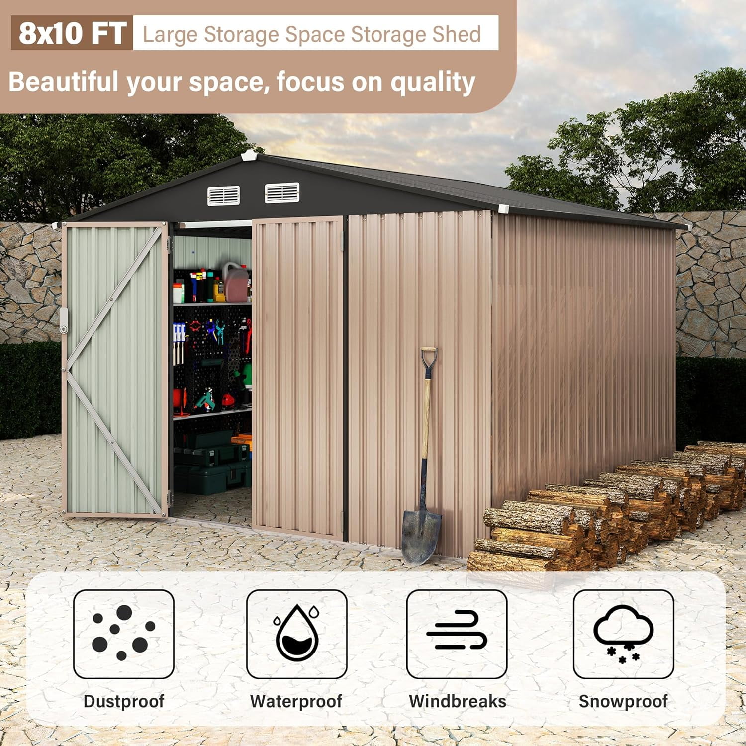 Garvee 8' x 10' Metal Storage Shed, Lockable Door & Air Vent, Sloped Roof Garden Shed Kit, Metal Utility Shed with Tool Storage for Backyard, Patio, Lawn
