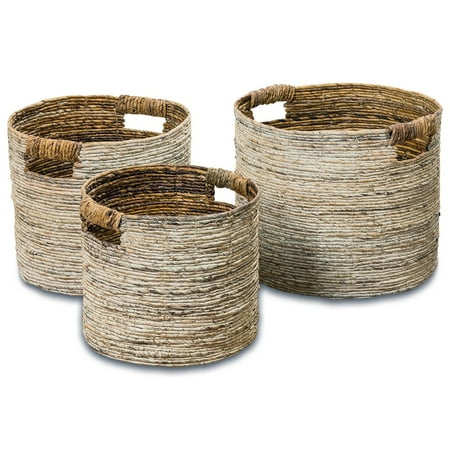 Wicker Washing Baskets Romantic Beach Chic White Washed Banana Leaf Baskets, Set of 3, Chunky Weave, Rustic Natural Accents, Cut Out Handles, Various Sizes 10 1/2 Inches - Over 1 Ft. Long ()