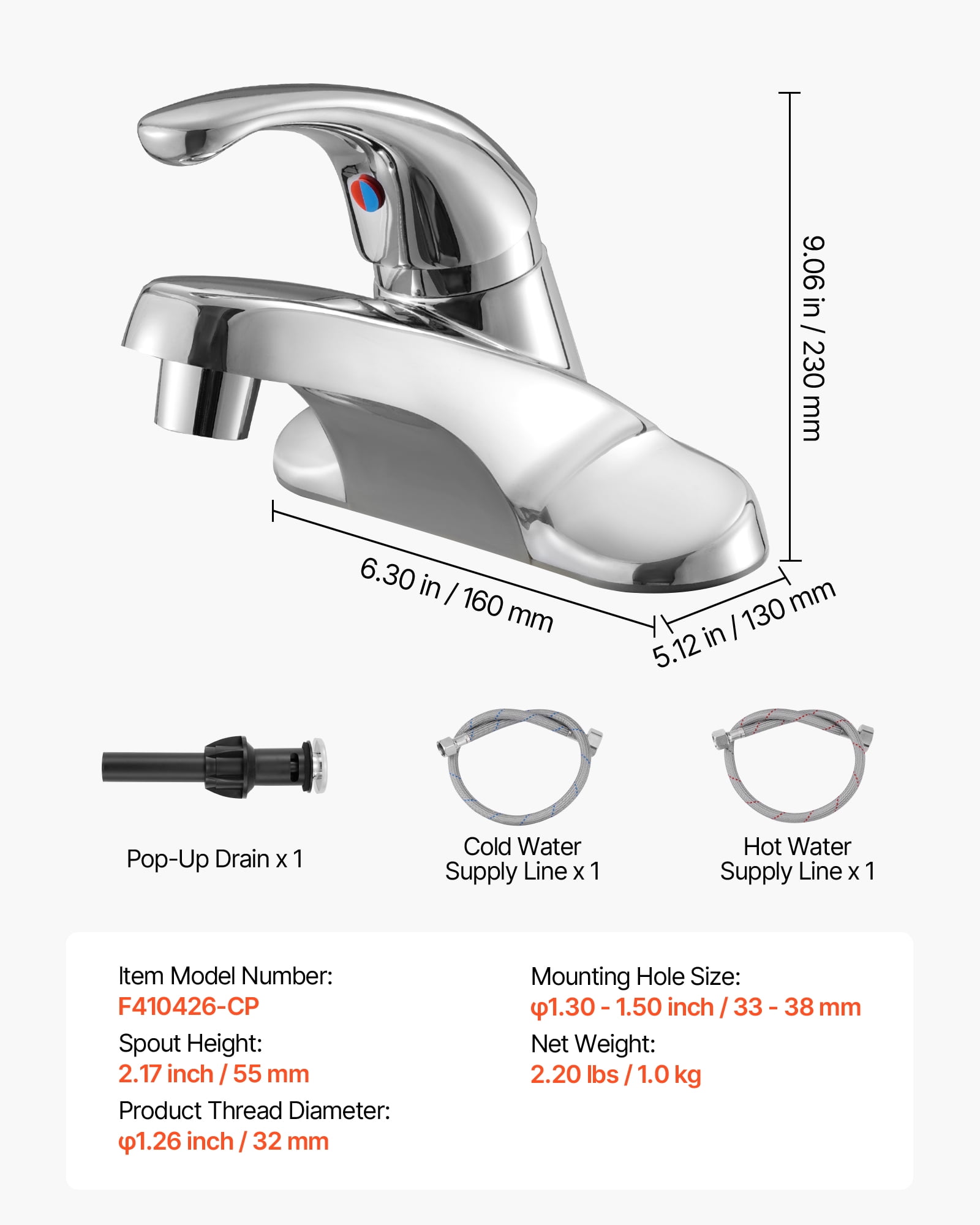 VEVOR Single Handle Sink Faucet, Chrome-Plated Silver Single Handle Bathroom Faucet, Kitchen Water Faucets with Overflow 1 or 3 Hole, Suitable for Bathroom, RV, Bar Sink, Public Restroom, Press-Type