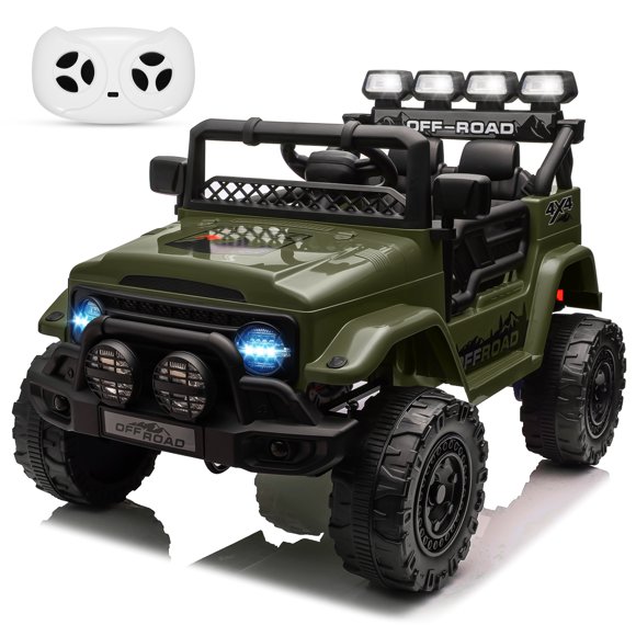 12V Kids Ride-On Truck - Green Electric Toy Car with Remote Control for Ages 3-8, Featuring 2WD, Spring Suspension, LED Lights & Music, Battery Display Included