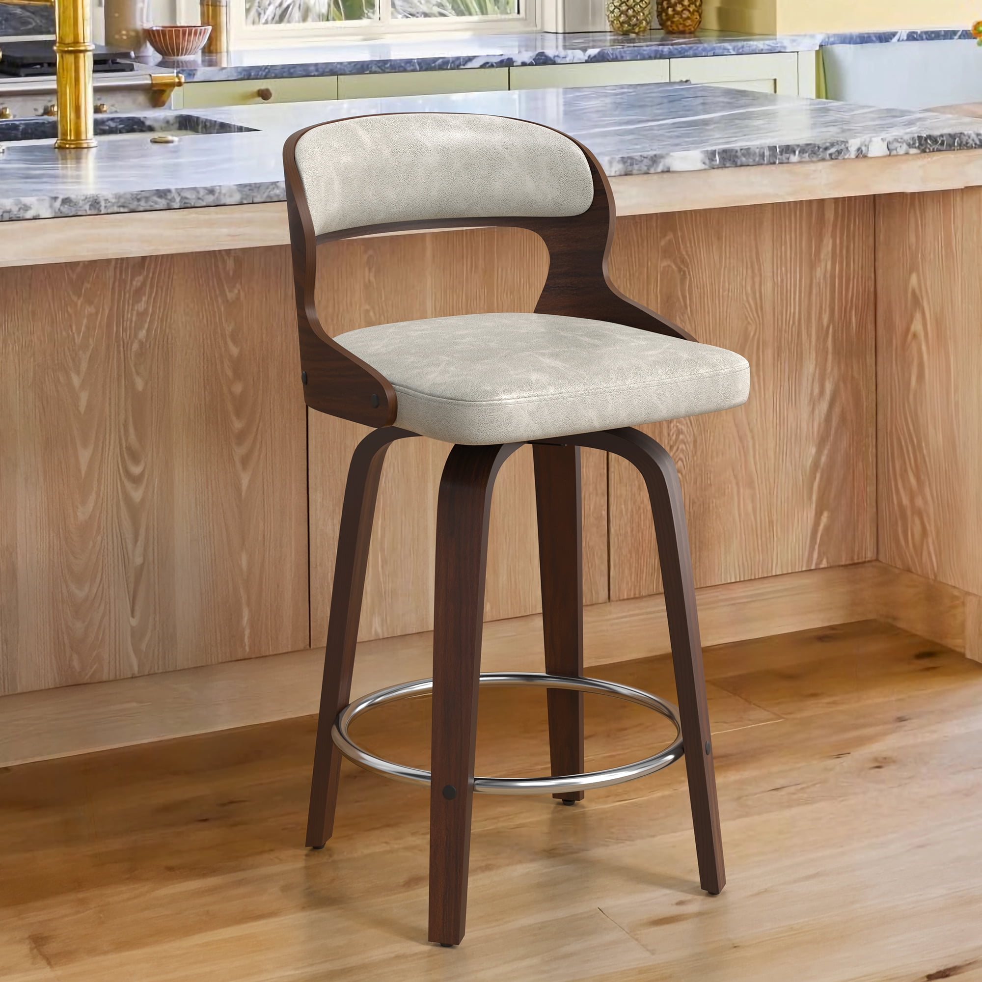 Dycanpo 26”Bar Stools Swivel, Wood Counter Height Bar Stools for Home Kitchen, Light Beige Gray
