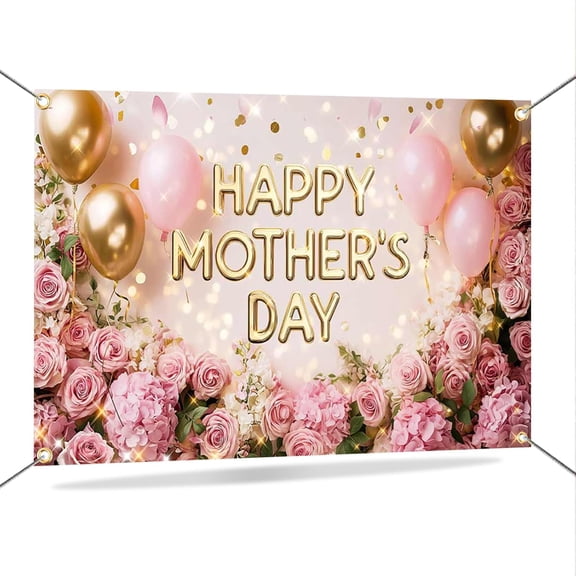 Rose Mother's Day Backdrop Pink Golden Balloons Happy Mothers Day Background Pink Flowers Mother's Day Party Decorations Banner Supplies Photo Booth Props