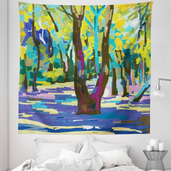 Fine Art Tapestry, Forest with Trees Vibrant Toned Leaves Digital Colored Woodland Exotic Style Print, Fabric Wall Hanging Decor for Bedroom Living Room Dorm, 5 Sizes, Multicolor, by Ambesonne