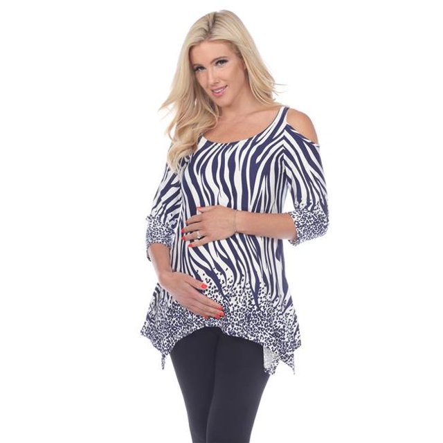 MTRPS1305-02-1XL Navy Maternity Plus Size Printed Cold Shoulder Tunic - Size 1X