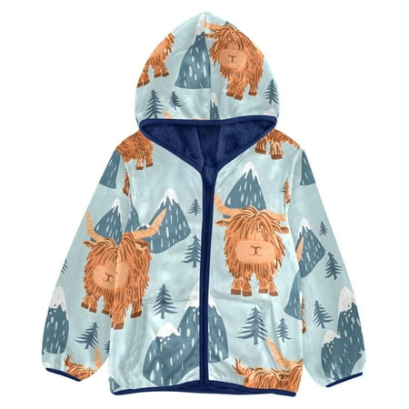 ALAZA Toddler Polar Fleece Jacket Highland Cow and Mountains Kids Hooded Warm Coats Outerwear 5T