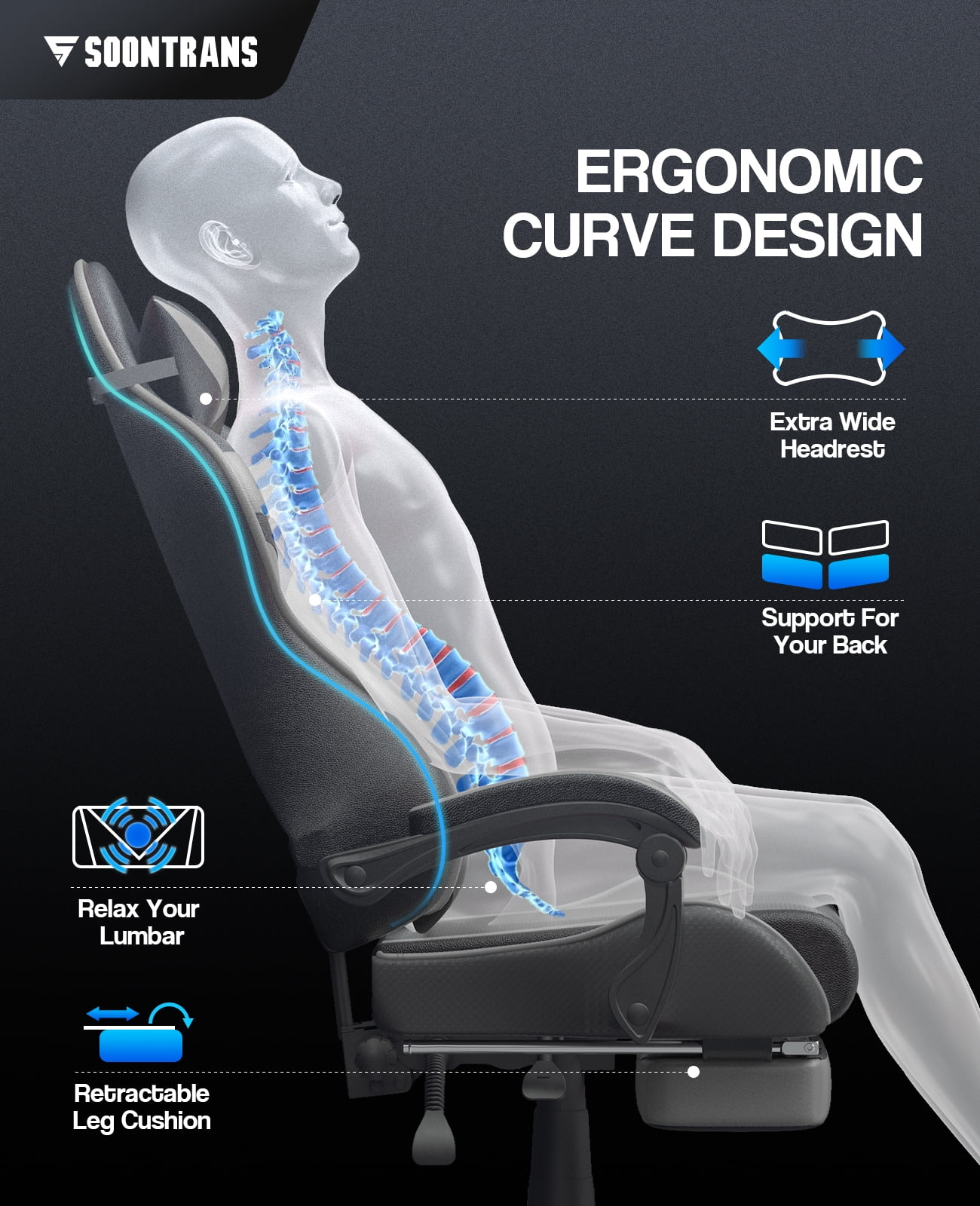 SOONTRANS Gaming Chair with Footrest, Ergonomic Game Gamer Chair with Lumbar Support & Headrest, Recliner Leather Computer Chairs