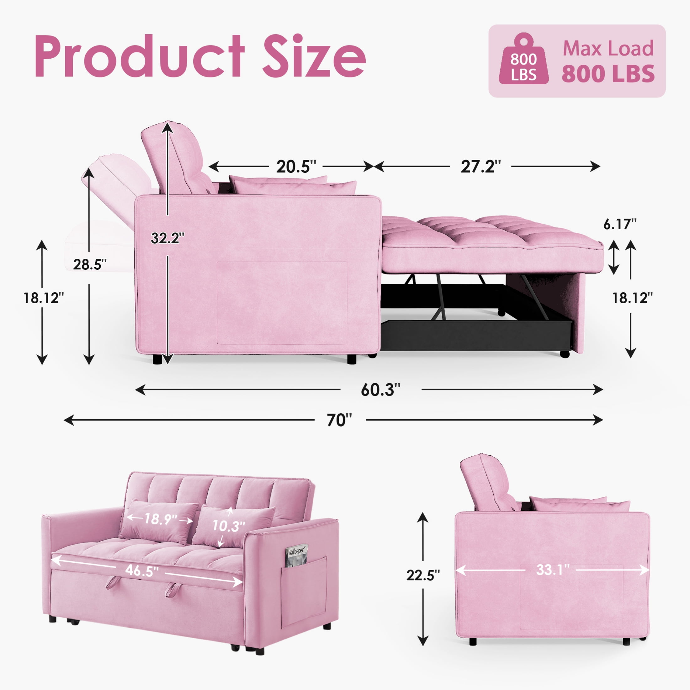EPOWP Convertible Sofa Bed, 3 in 1 Pull Out Sleeper Loveseat Couch with Storage, Pink