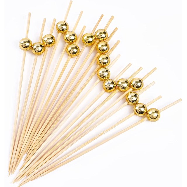 Palillos de dientes Palillos de madera hechos a mano Palitos ecológicos Cócteles Aperitivos Frutas Postres Suministros para fiestas: dorado, perlas doradas, palitos de bambú Cuentas doradas Cuentas plateadas Decoración de palos ER