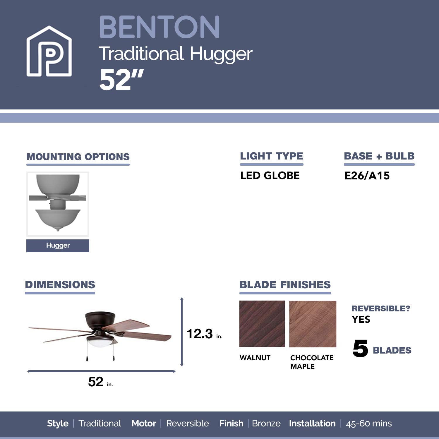 Prominence Home Benton 52" Bronze Low Profile Ceiling Fan with Light
