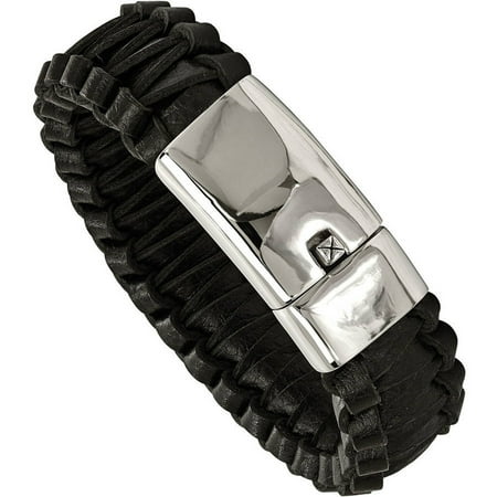Primal Steel Stainless Steel Polished Flat Braided Black Leather Bracelet