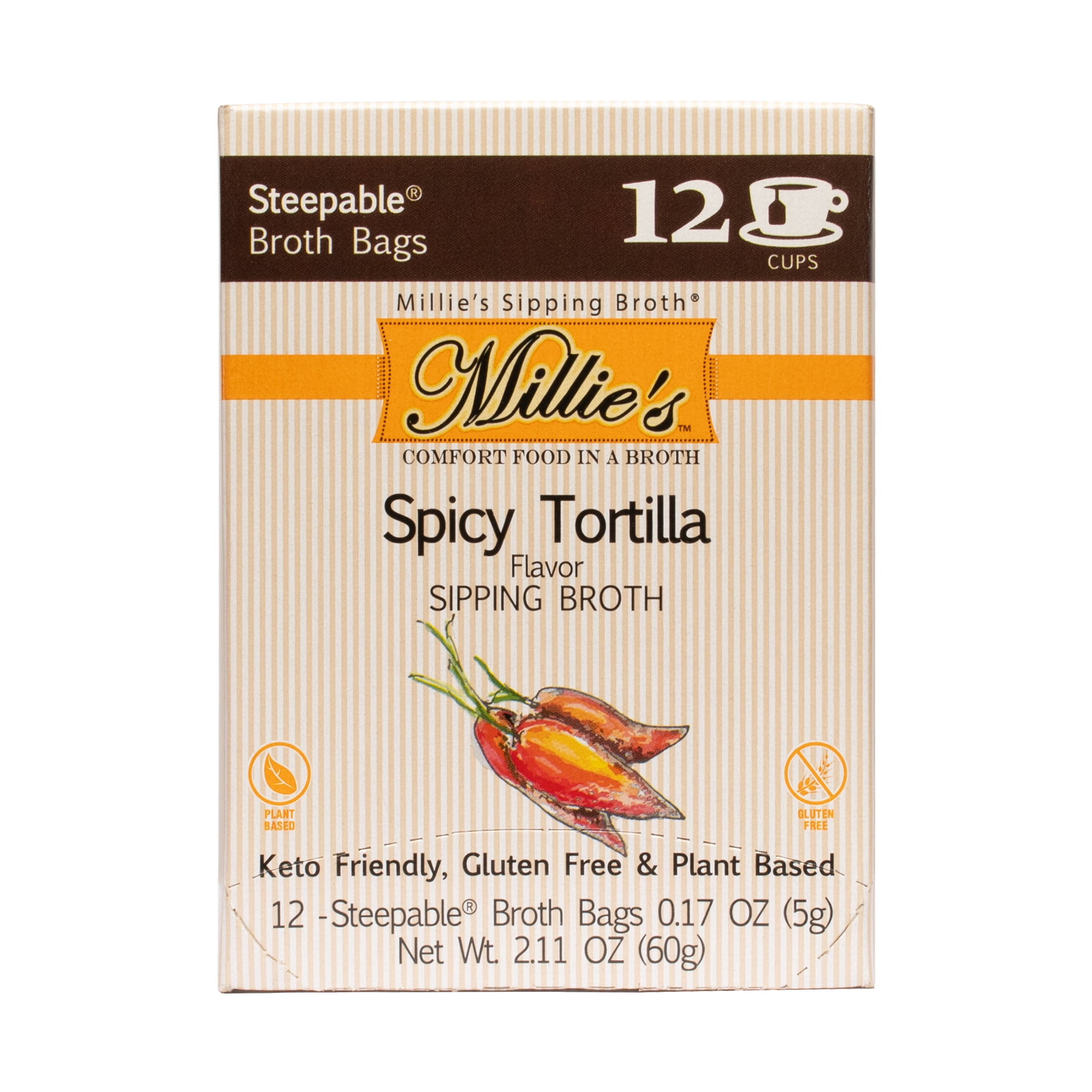 (6 pack) Millie's Sipping Broth, Steepable Broth Bags, Spicy Tortilla, 12 pack