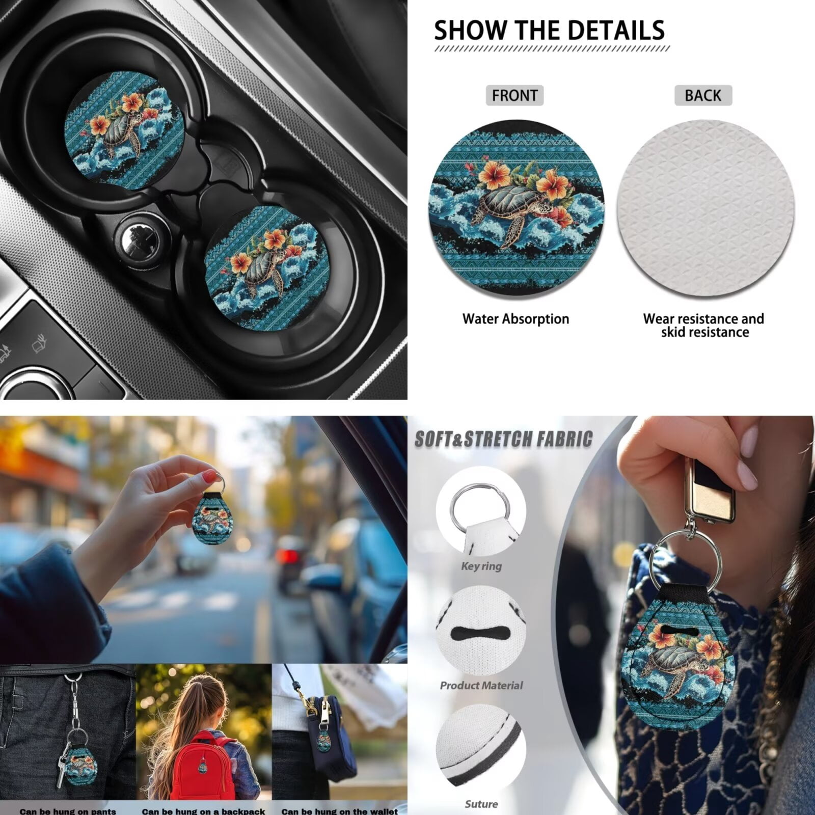 Garronmavis Aztec Sea Turtle Car Accessories Set of 13 Pieces Including Front and Rear Seat Covers + Seat Belt Covers + Steering Wheel Cover + Keychain + Coasters + Lipstick Cover Auto Decoration