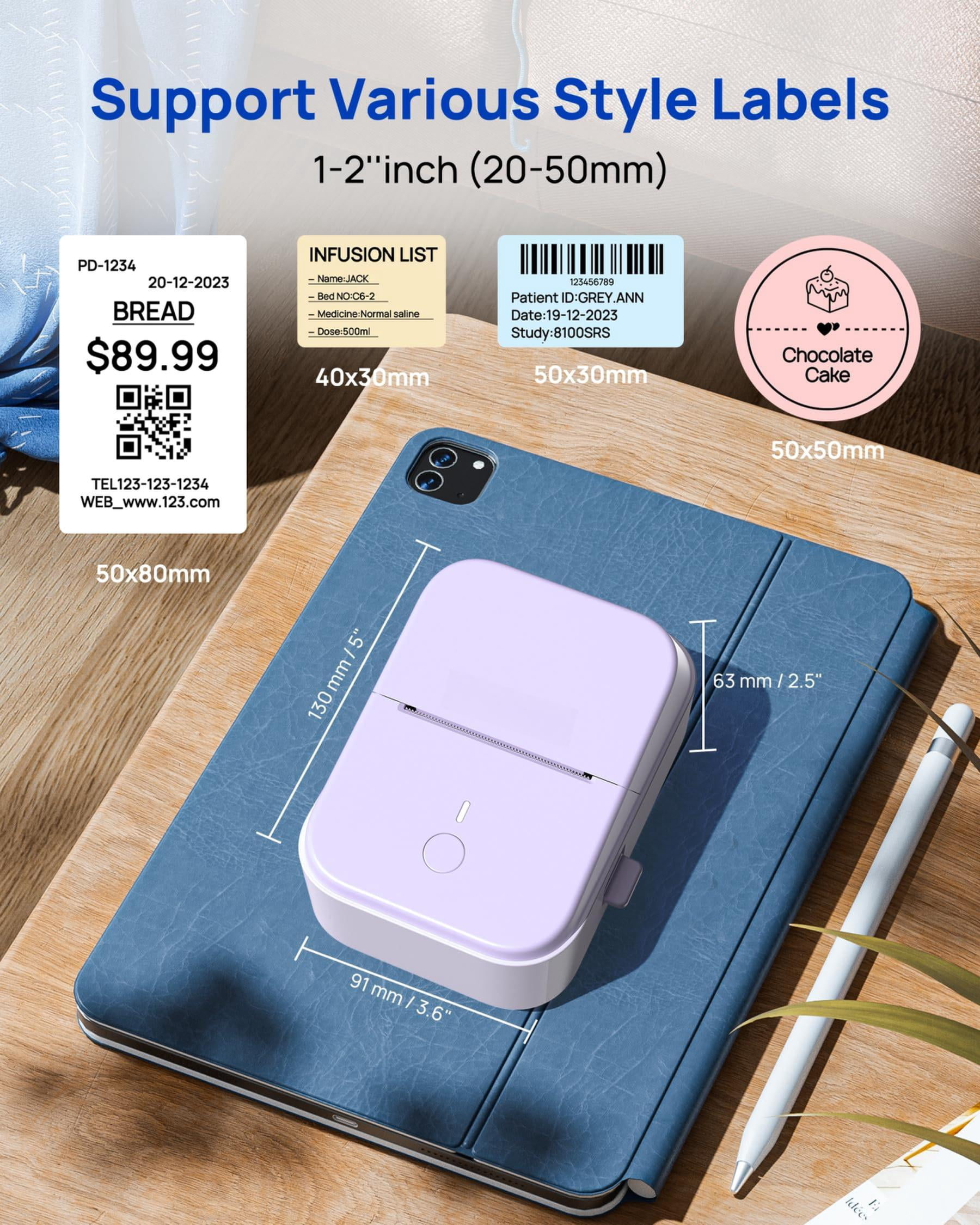 Pm260 Label Maker Machine With Tape  2 Inch Printer Inkless Portable For Home Kitchen School Office Organization Purple