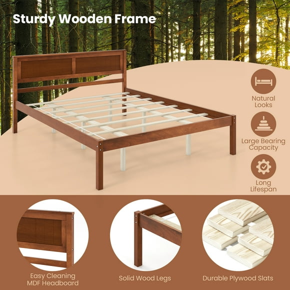Costway Queen Size Wooden Platform Bed Frame with Headboard Mattress Foundation Walnut
