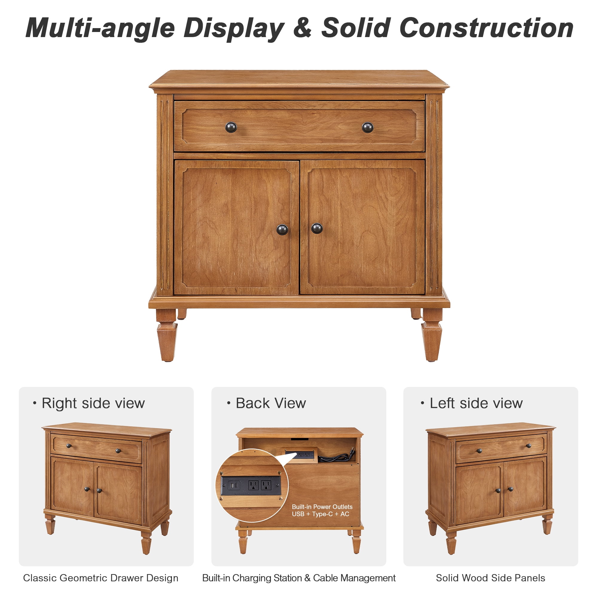 Leumius Farmhouse Nightstand with Charging Station, Wood Bedside Table with Drawer & Double-Door Storage Cabinet, End Table with USB and Type-C Ports for Bedroom Living Room Natural