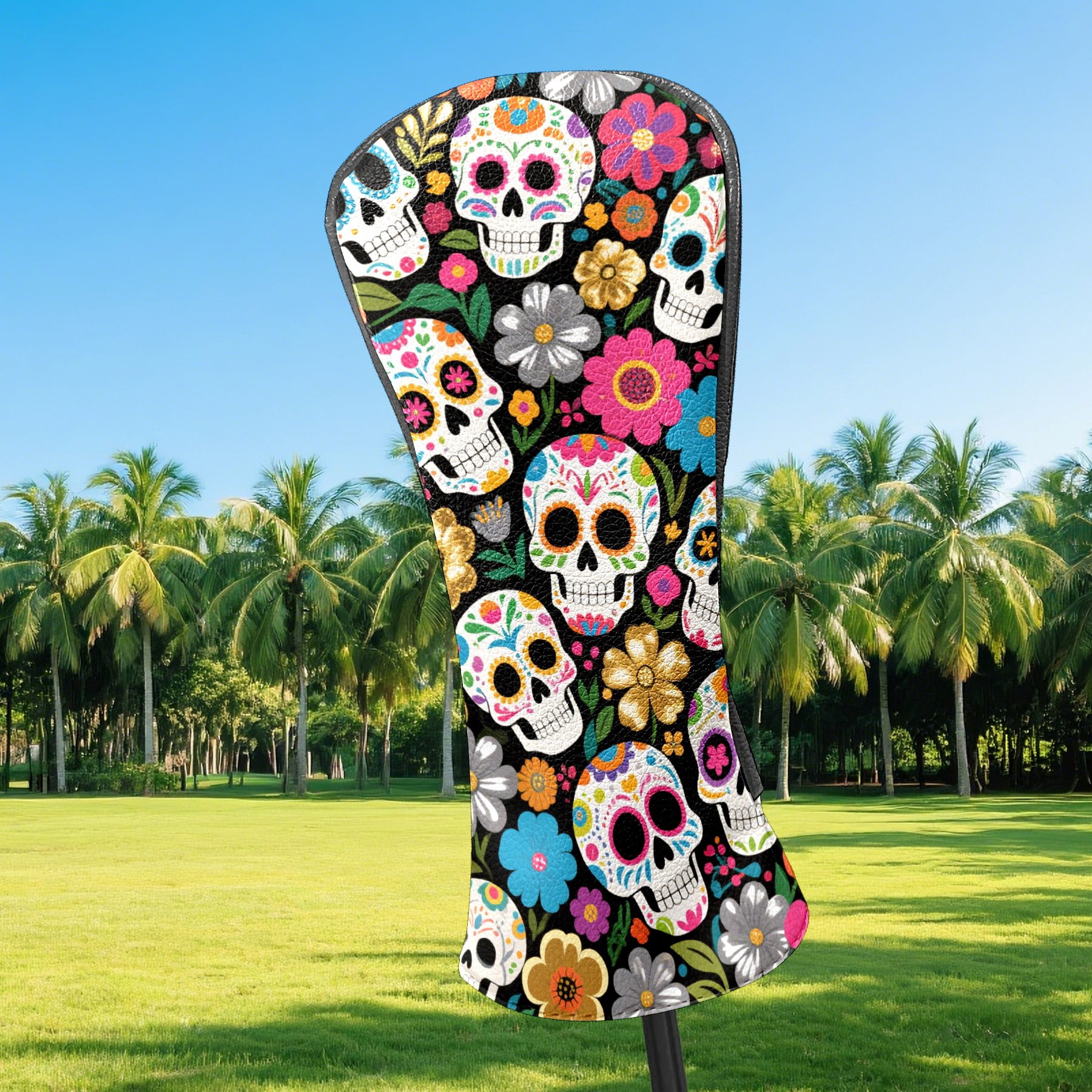 Golf Head Covers Colorful Flower Skull Design for Driver, Wood & Hybrid, Premium Waterproof PU Leather with Plush Lining, Edgy Floral Golf Gifts
