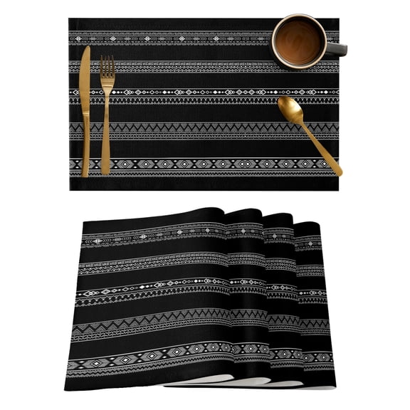 Black White Geometric Placemats Set of 4, Modern Striped Plaid Abstract Art Placemats for Dining Table, Place Mats for Kitchen Tabletop, Waterproof Wipeable Dining Table Mats Set