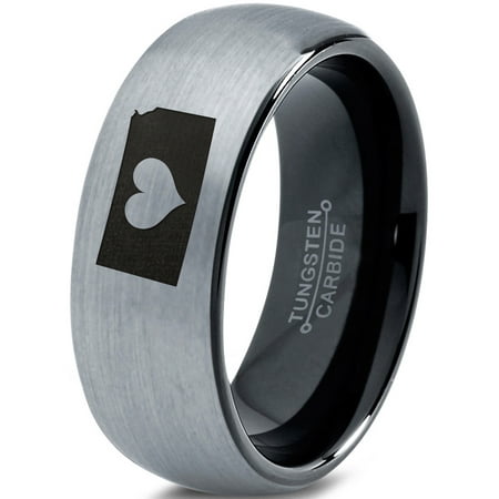 Heart Dome - Tungsten Kansas Sunflower State Heart Band Ring 8mm Men Women Comfort Fit Black Dome Brushed Gray Polished