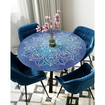 

Round Fitted Tablecloth Blue Mandala Elastic Edged Table Cover Protector Cloth Waterproof Polyester Rectangle Table Cover 45 -50