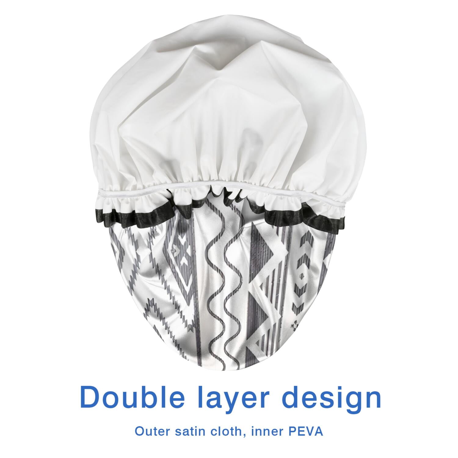 Shower Caps,White Geometric Diamond Wave Pattern Waterproof Shower Cap for Women 4 Pieces,Double Reusable Hair Cover for Shower PEVA Elastic Stretch Hem