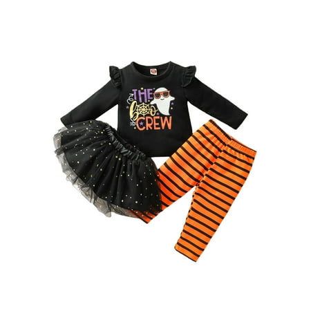 

Canrulo 3Pcs Toddler Baby Girl Halloween Clothes Pumpkin Ghost T-Shirt with Skirts and Leggings Pants Outfits Black Letters 3-4 Years