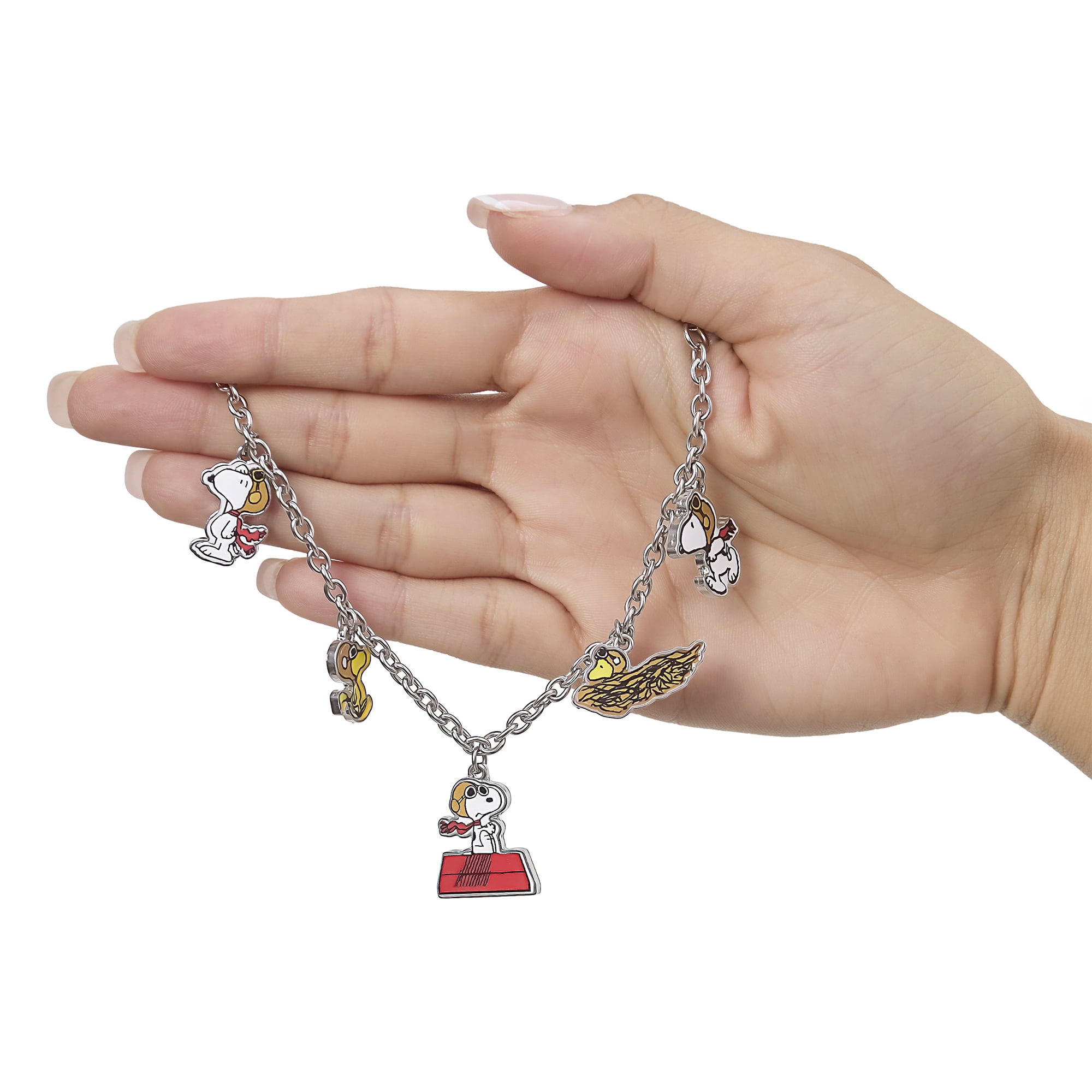 Peanuts Snoopy Charm Bracelet Official License, 7.5"+1" Fashion Bracelet with 5 Flying Ace Snoopy and Woodstock Charms