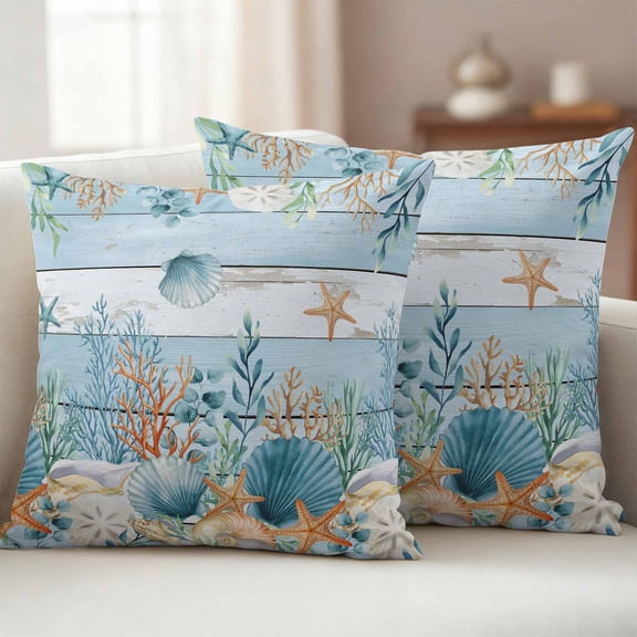 Blue Coastal Waterproof Outdoor Throw Pillow Covers 16"x16" Pack 2, Pillow Cases Throw Cushion Cover with Zipper, Summer Beach Starfish Shell Coral Nautical Washable Pillowcase for Poolside Sofa