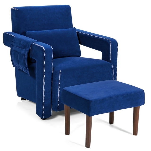 Costway Modern Berber Fleece Single Sofa Chair w/ Ottoman & Waist Pillow Blue
