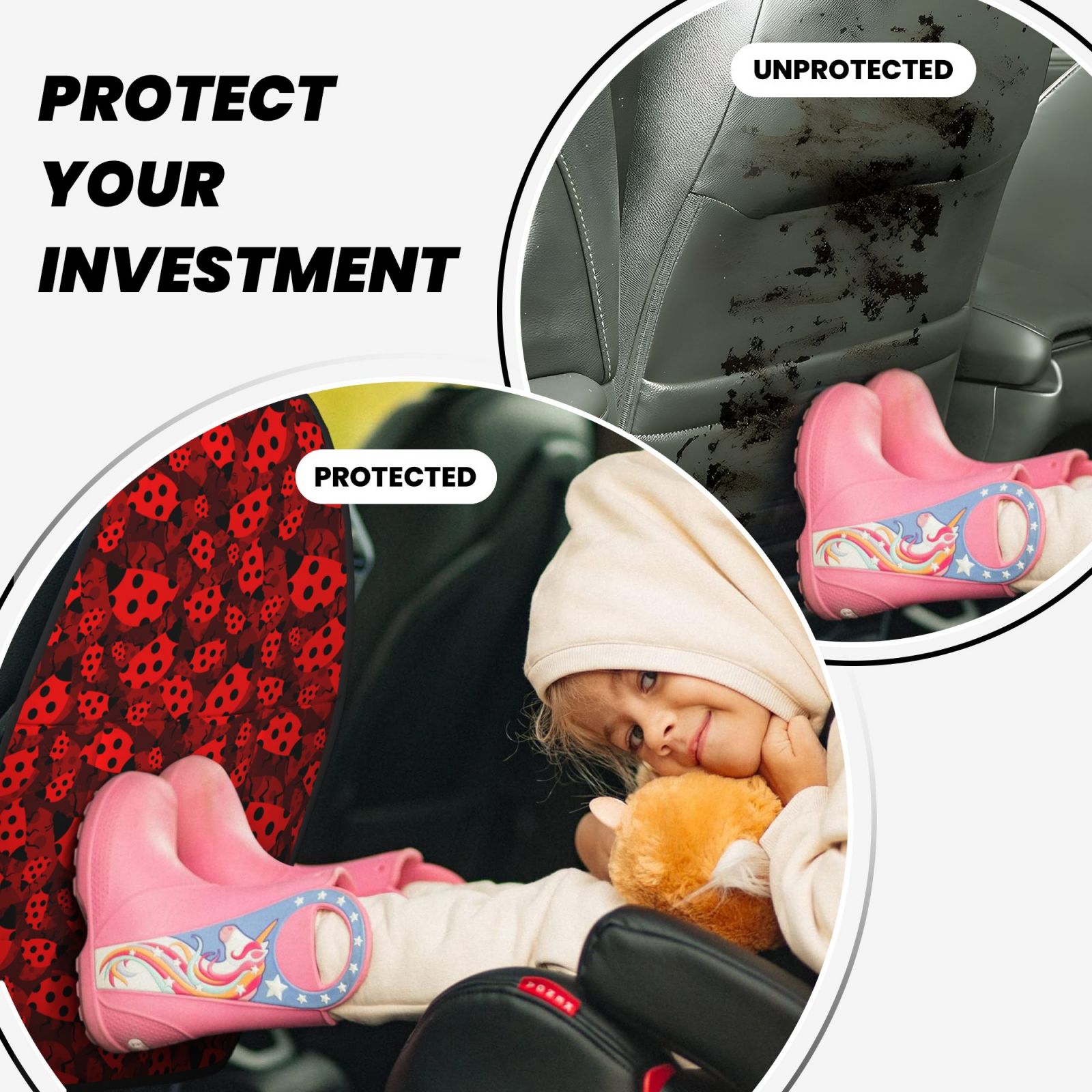 Naloa Ladybugs 1 2Pcs Anti-Kick Back Seat Cover Kick Mat, Car Seat Protector with 3 Storage Pockets