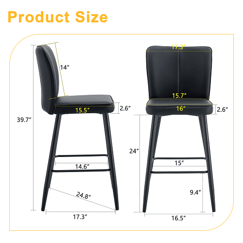 Modern Black PU Bar Stools Set of 2, sleek vertical backrest design, perfect for bars and living rooms.