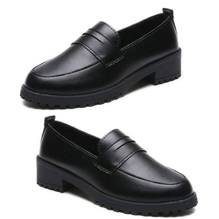 Kitem Women Fashion Round Toe Faux Leather Block Heel Shoes Anti Skid Slip On Loafers