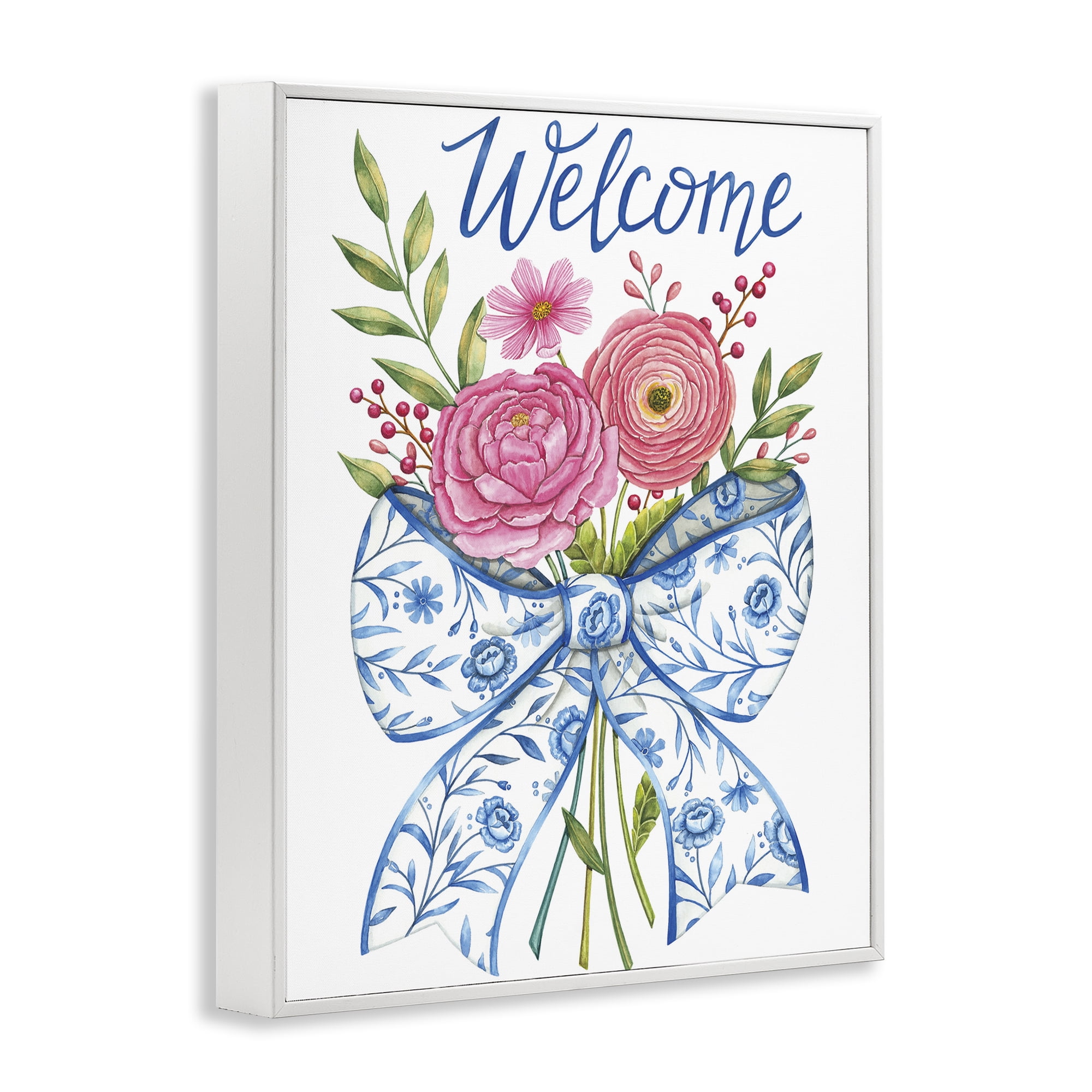 Stupell Industries Bow & Flowers Welcome White Framed Giclee Art, design by Deb Strain
