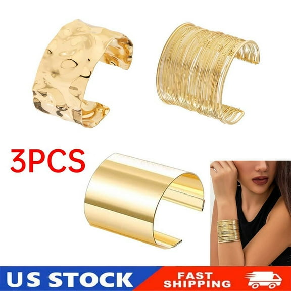3PCS Chunky Golden Cuff Bracelets for Women,Bangle Bracelets,Arm Cuff Upper Punk
