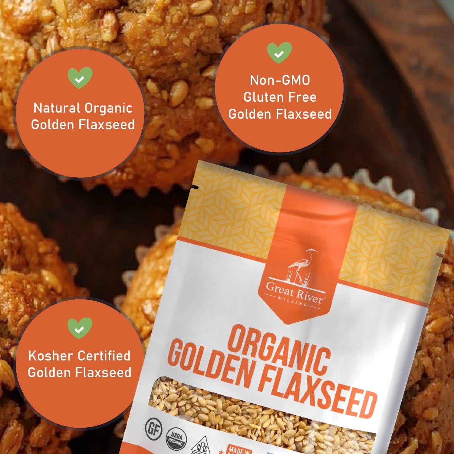 Great River Milling Golden Flaxseed  Whole Golden Flax Seeds  Naturally Gluten Free, Non-GMO, Vegan, Kosher  Flaxseed for Baking, Smoothies, Oatmeal, Cereals & Clean Plant-Based Nutrition  5 Lb